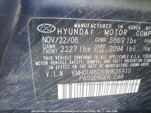 KMHDU46D59U636910 - 2009 HYUNDAI ELANTRA GLS/SE BLUE photo 9