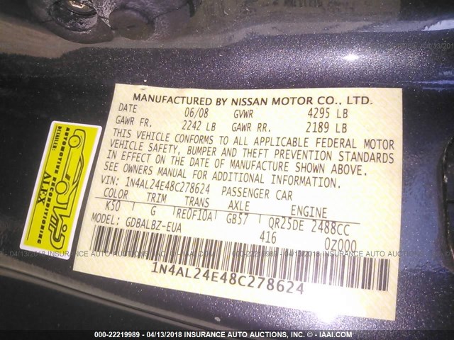 1N4AL24E48C278624 - 2008 NISSAN ALTIMA 2.5S GRAY photo 9