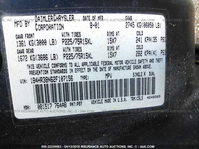 1B4HR38N62F107156 - 2002 DODGE DURANGO SPORT/SXT BLUE photo 9