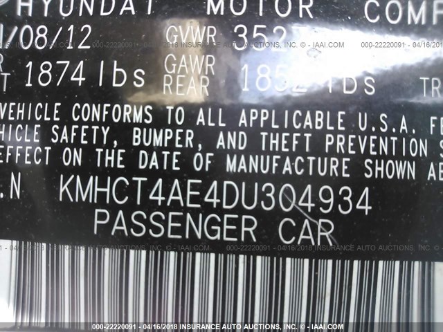 KMHCT4AE4DU304934 - 2013 HYUNDAI ACCENT GLS/GS WHITE photo 9