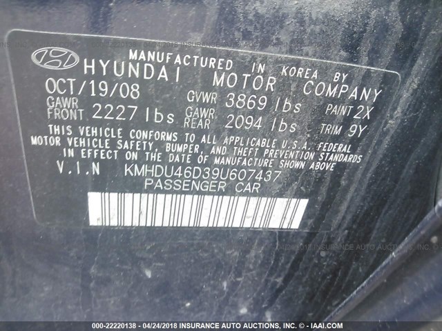 KMHDU46D39U607437 - 2009 HYUNDAI ELANTRA GLS/SE BLUE photo 9