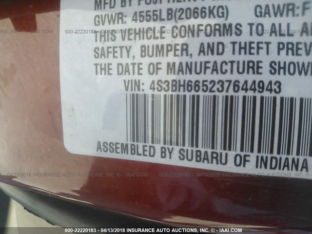 4S3BH665237644943 - 2003 SUBARU LEGACY OUTBACK RED photo 9