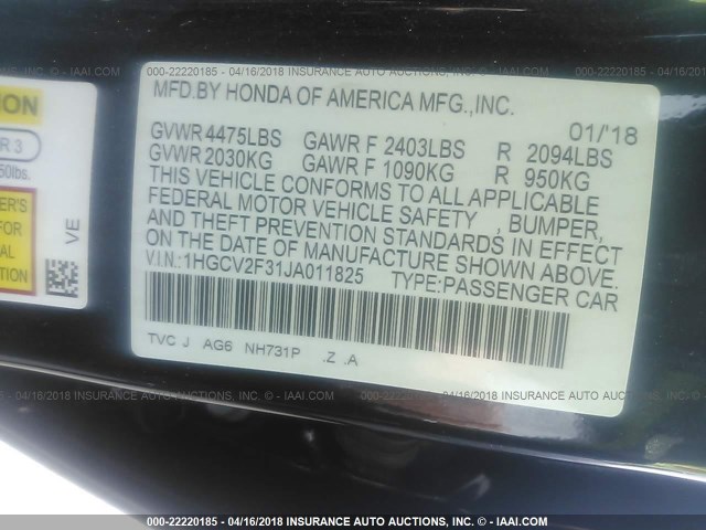 1HGCV2F31JA011825 - 2018 HONDA ACCORD SPORT 黑色 照片 9