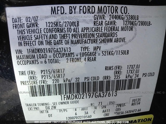 1FMDK02197GA37613 - 2007 FORD FREESTYLE SEL BLUE photo 9