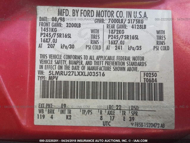 5LMRU27LXXLJ03516 - 1999 LINCOLN NAVIGATOR RED photo 9