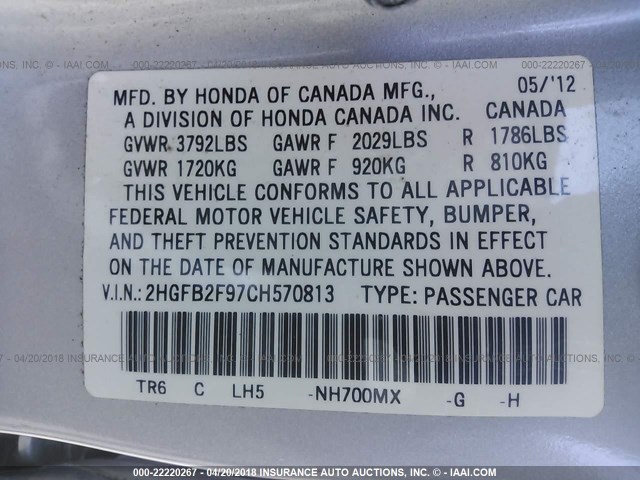 2HGFB2F97CH570813 - 2012 HONDA CIVIC EXL Gümüş foto 9