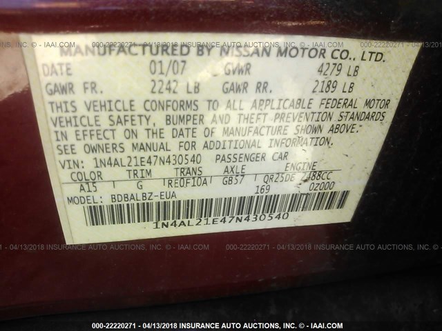 1N4AL21E47N430540 - 2007 NISSAN ALTIMA 2.5/2.5S BURGUNDY photo 9