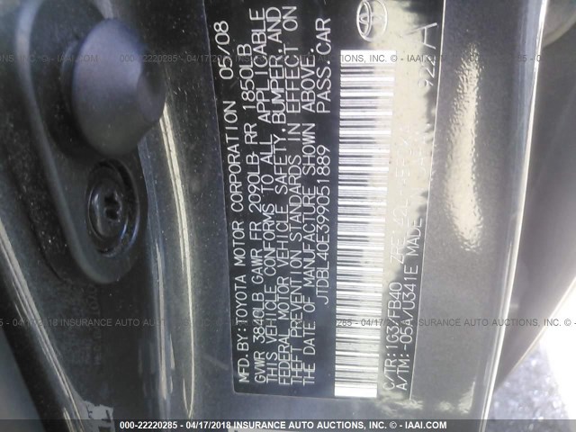 JTDBL40E399051889 - 2009 TOYOTA COROLLA LE/XLE GRAY photo 9