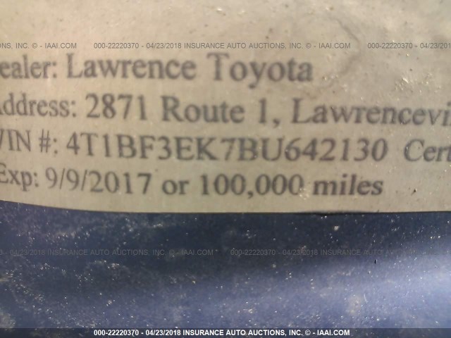 4T1BF3EK7BU642130 - 2011 TOYOTA CAMRY SE/LE/XLE BLUE photo 9