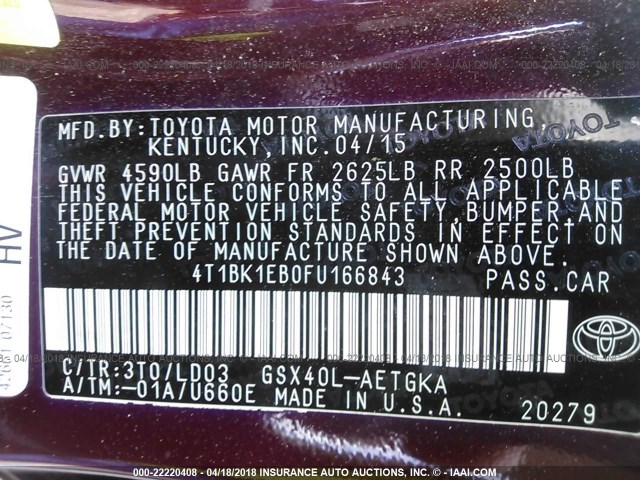 4T1BK1EB0FU166843 - 2015 TOYOTA AVALON XLE/PREMIUM/TOURING/LTD MAROON photo 9