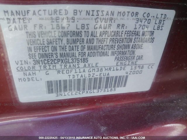 3N1CE2CPXGL375185 - 2016 NISSAN VERSA NOTE S/S PLUS/SV/SL/SR BURGUNDY photo 9