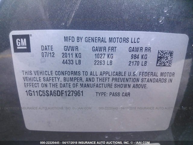 1G11C5SA6DF127961 - 2013 CHEVROLET MALIBU 1LT 灰色 照片 9