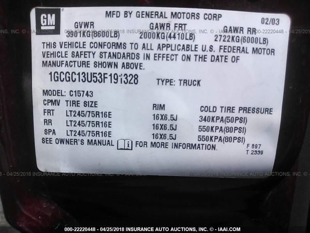 1GCGC13U53F191328 - 2003 CHEVROLET SILVERADO C1500 HEAVY DUTY BURGUNDY photo 9