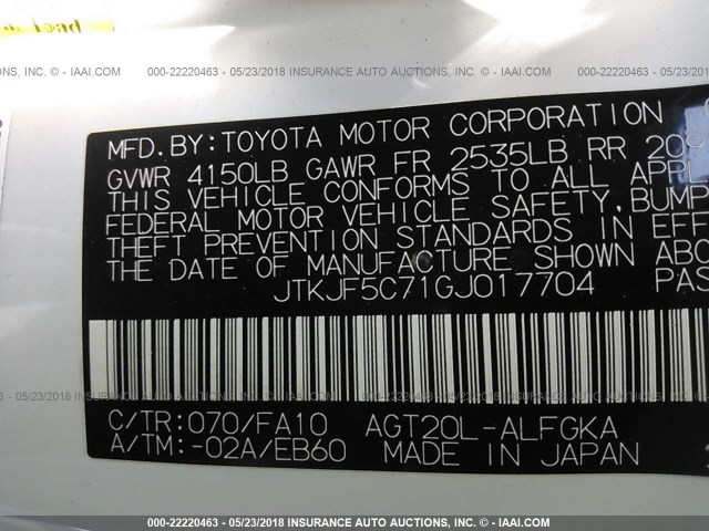 JTKJF5C71GJ017704 - 2016 TOYOTA SCION TC 白色 照片 9