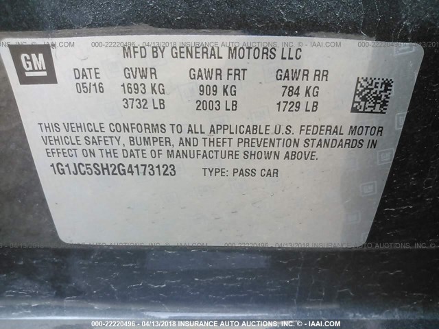 1G1JC5SH2G4173123 - 2016 CHEVROLET SONIC LT GRAY photo 9