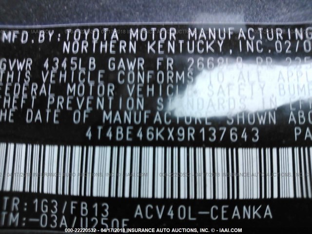 4T4BE46KX9R137643 - 2009 TOYOTA CAMRY SE/LE/XLE 灰色 照片 9