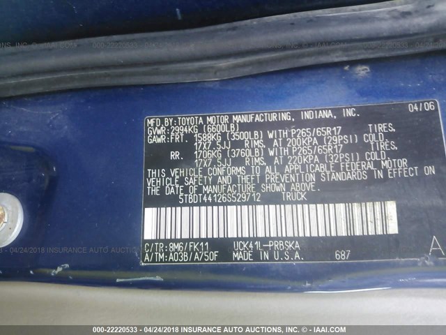 5TBDT44126S529712 - 2006 TOYOTA TUNDRA DOUBLE CAB SR5 BLUE photo 9