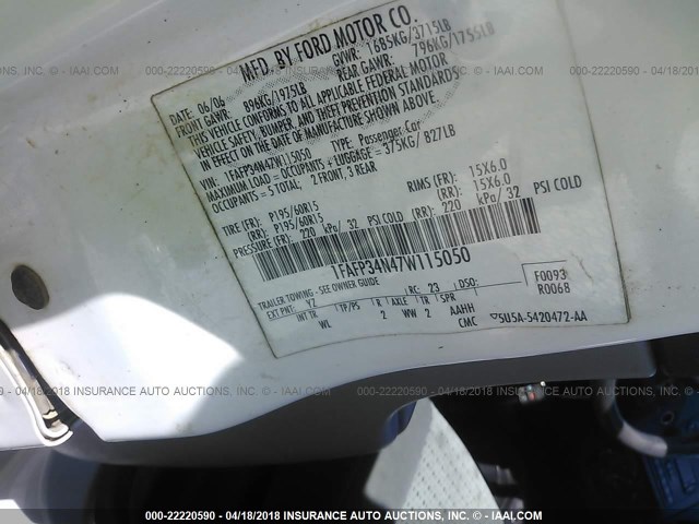 1FAFP34N47W115050 - 2007 FORD FOCUS ZX4/S/SE/SES 白色 照片 9