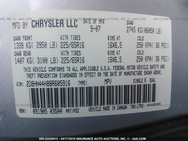 2D8HN44H88R605916 - 2008 DODGE GRAND CARAVAN SE SILVER photo 9