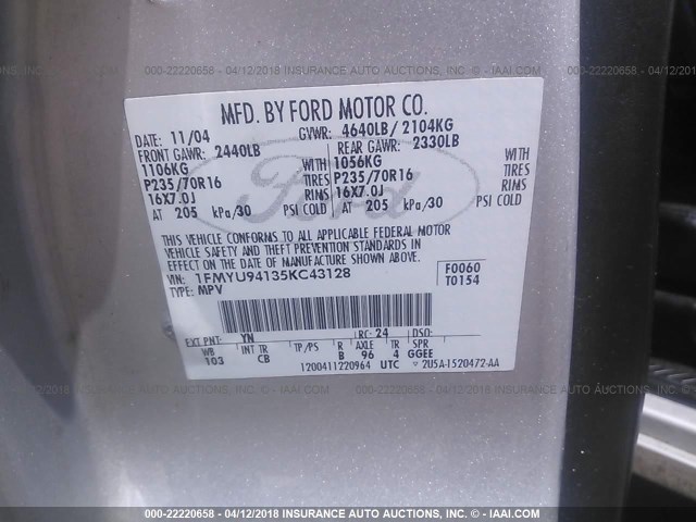 1FMYU94135KC43128 - 2005 FORD ESCAPE LIMITED SILVER photo 9