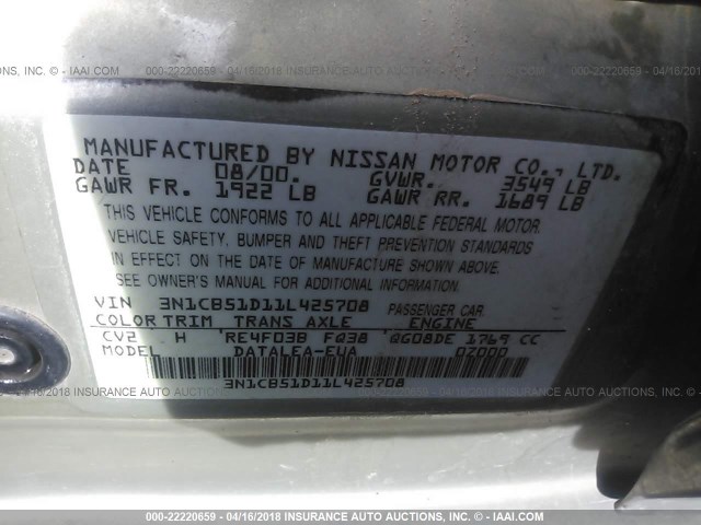 3N1CB51D11L425708 - 2001 NISSAN SENTRA XE/GXE Champagne photo 9