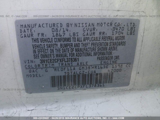 3N1CE2CPXFL378361 - 2015 NISSAN VERSA NOTE S/S PLUS/SV/SL/SR WHITE photo 9