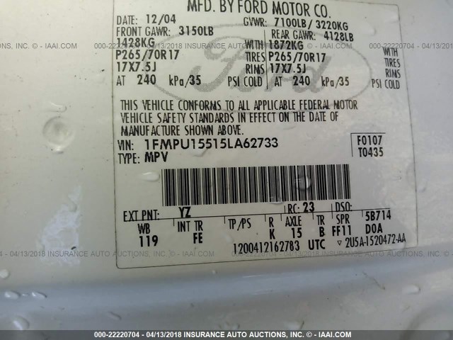 1FMPU15515LA62733 - 2005 FORD EXPEDITION XLT თეთრი ფოტო 9