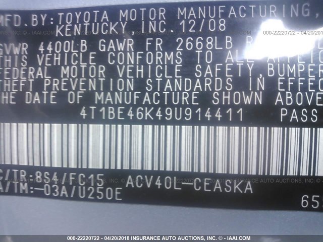 4T1BE46K49U914411 - 2009 TOYOTA CAMRY SE/LE/XLE Light Blue photo 9