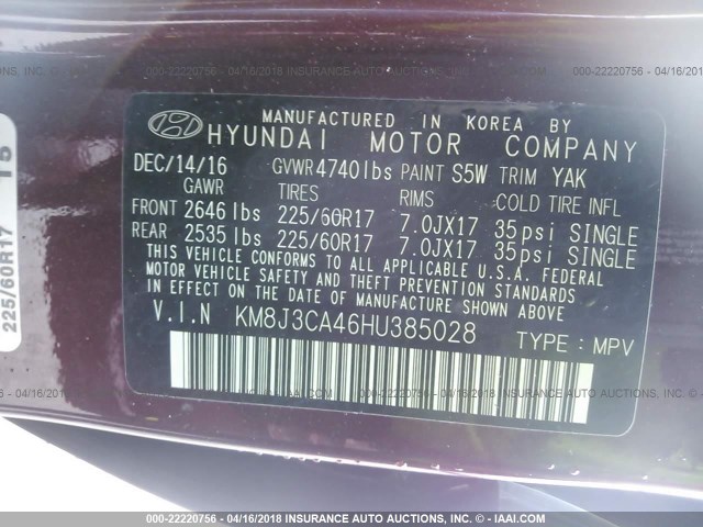 KM8J3CA46HU385028 - 2017 HYUNDAI TUCSON LIMITED/SPORT AND ECO/SE MAROON photo 9
