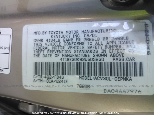 4T1BE30K82U505630 - 2002 TOYOTA CAMRY LE/XLE/SE TAN photo 9