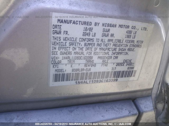 1N4AL11D93C163399 - 2003 NISSAN ALTIMA S/SL SILVER photo 9