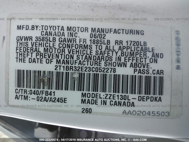 2T1BR32E23C052278 - 2003 TOYOTA COROLLA CE/LE/S WHITE photo 9