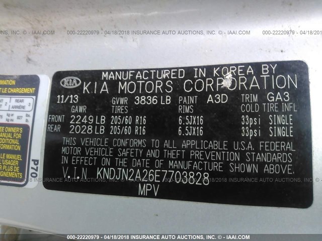 KNDJN2A26E7703828 - 2014 KIA SOUL SILVER photo 9