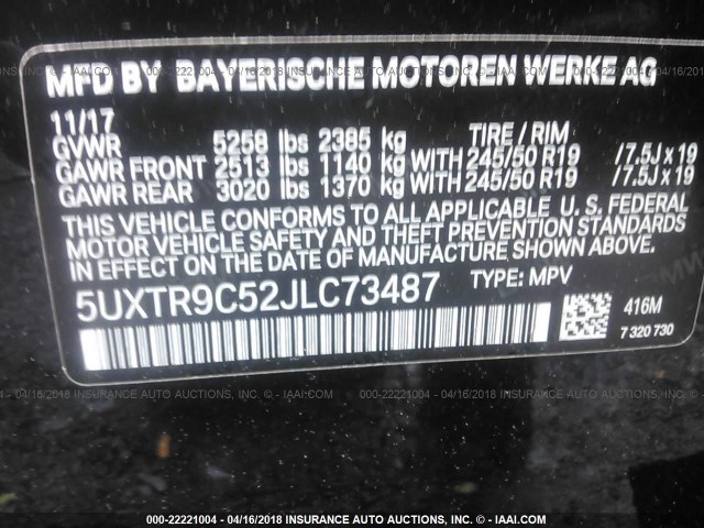 5UXTR9C52JLC73487 - 2018 BMW X3 XDRIVEM40I BLACK photo 9