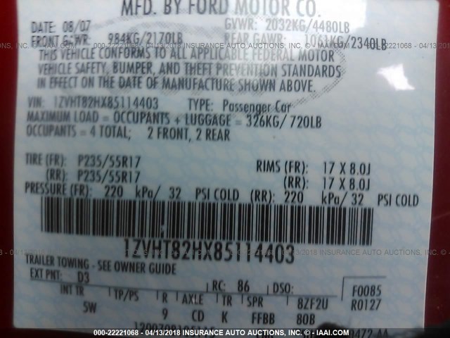 1ZVHT82HX85114403 - 2008 FORD MUSTANG GT წითელი ფოტო 9