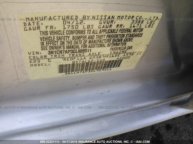 3N1CN7AP3CL909511 - 2012 NISSAN VERSA S/SV/SL SILVER photo 9