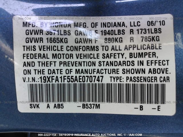 19XFA1F55AE070747 - 2010 HONDA CIVIC LX 蓝色 照片 9