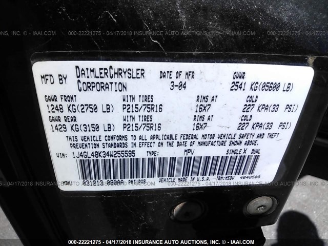 1J4GL48K34W255595 - 2004 JEEP LIBERTY SPORT 黑色 照片 9