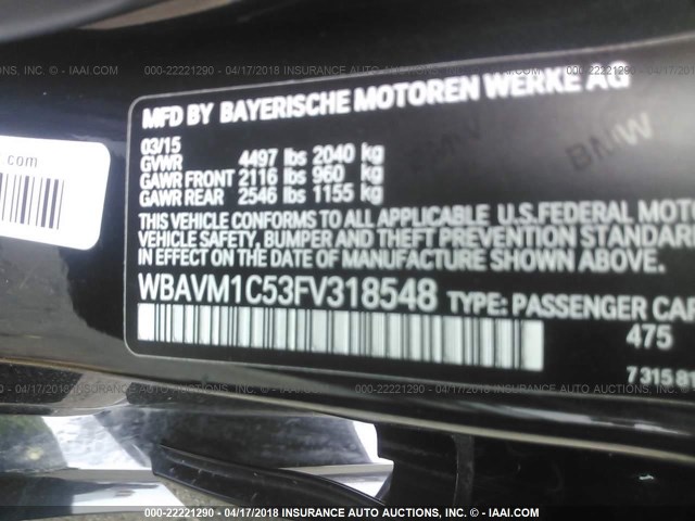 WBAVM1C53FV318548 - 2015 BMW X1 SDRIVE28I BLACK photo 9