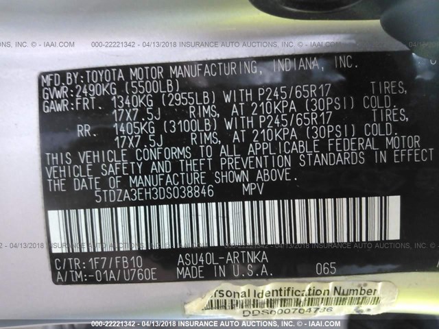 5TDZA3EH3DS038846 - 2013 TOYOTA HIGHLANDER PLUS SILVER photo 9