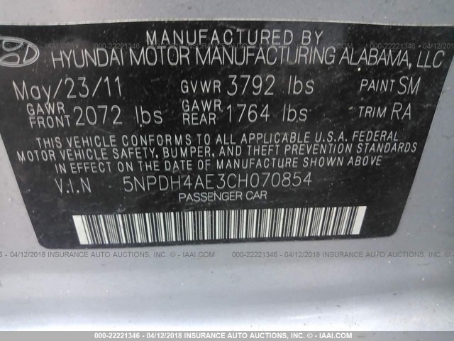 5NPDH4AE3CH070854 - 2012 HYUNDAI ELANTRA GLS/LIMITED SILVER photo 9