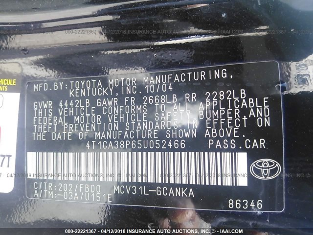 4T1CA38P65U052466 - 2005 TOYOTA CAMRY SOLARA SE/SLE BLACK photo 9