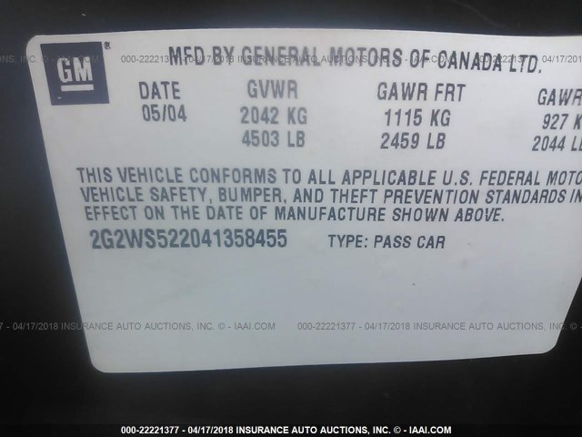 2G2WS522041358455 - 2004 PONTIAC GRAND PRIX GT2 შავი ფოტო 9