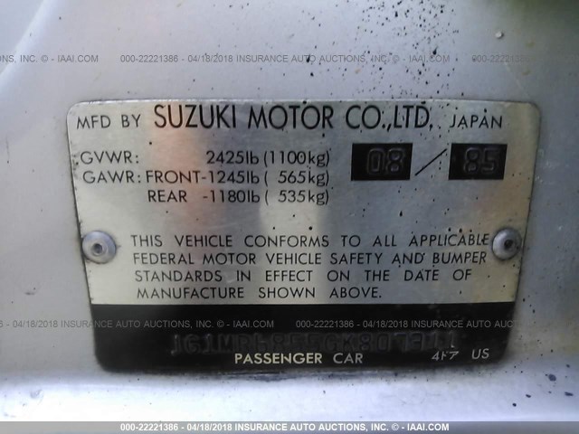 JG1MR6855GK807311 - 1986 CHEVROLET GEO SPRINT PLUS 银色 照片 9