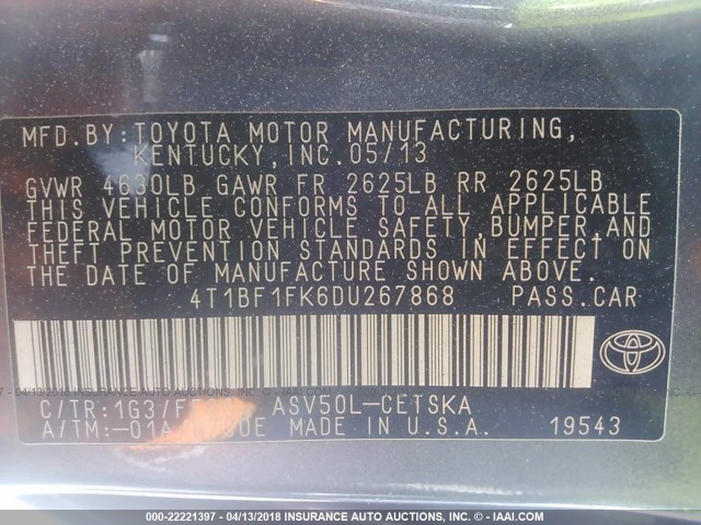 4T1BF1FK6DU267868 - 2013 TOYOTA CAMRY L/SE/LE/XLE 灰色 照片 9