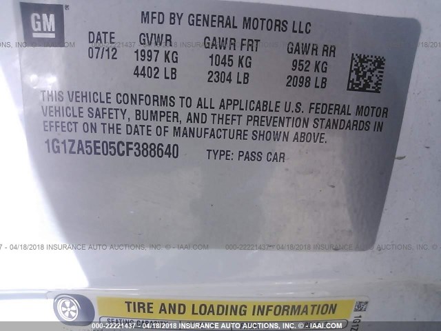 1G1ZA5E05CF388640 - 2012 CHEVROLET MALIBU LS 白色 照片 9