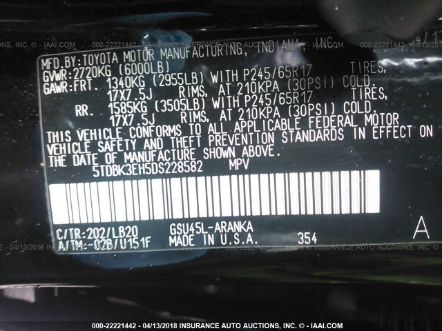 5TDBK3EH5DS228582 - 2013 TOYOTA HIGHLANDER PLUS/SE BLACK photo 9