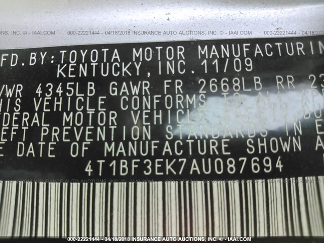 4T1BF3EK7AU087694 - 2010 TOYOTA CAMRY SE/LE/XLE 灰色 照片 9