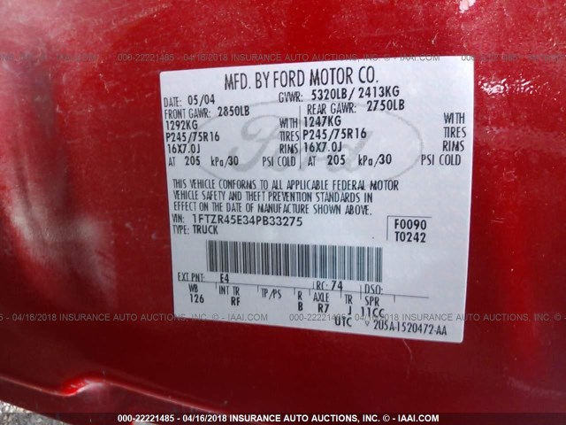 1FTZR45E34PB33275 - 2004 FORD RANGER SUPER CAB RED photo 9