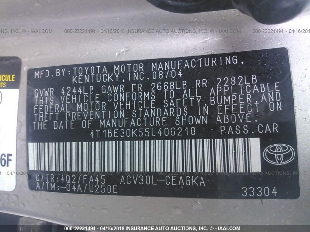 4T1BE30K55U406218 - 2005 TOYOTA CAMRY LE/XLE/SE ოქროსფერი ფოტო 9